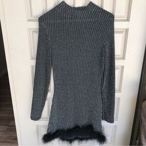 Short Little Body Con Dress SzXS With Feather Hem Silver Sparkle Knit